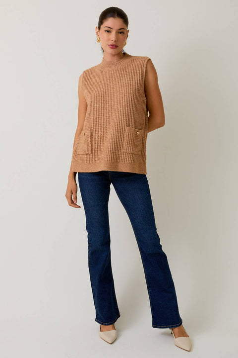 MOCK NECK SLEEVELESS OVERSIZE VEST: Beige / M