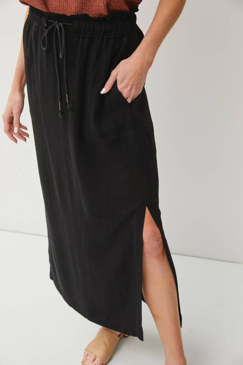 Black Linen Drawstring Skirt-Apparel > Womens > Bottoms > Skirt-Pink Dot Styles