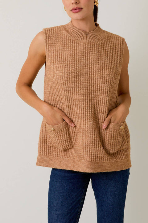 MOCK NECK SLEEVELESS OVERSIZE VEST: Beige / S