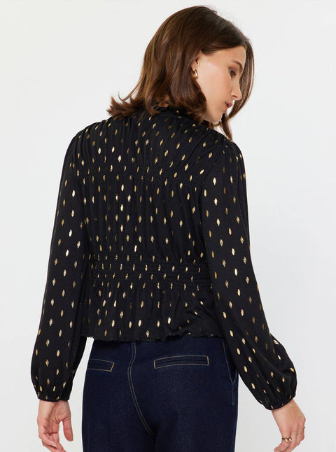 Metallic Foil Dot Peplum Top: Black-Gold