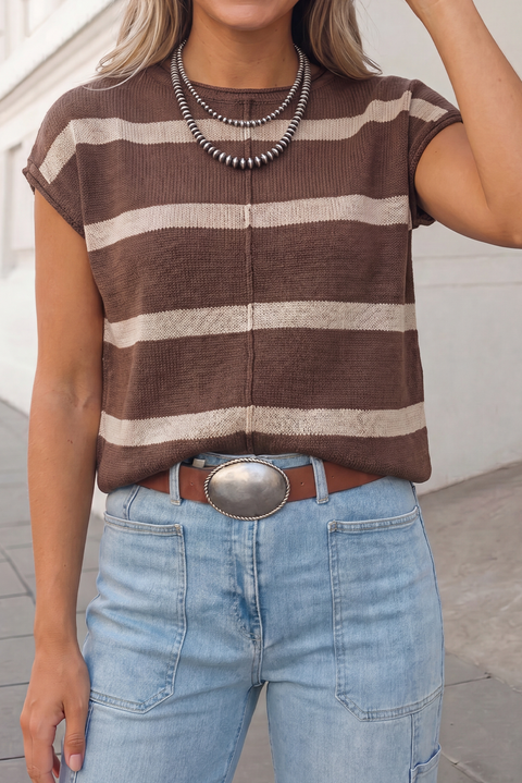 Striped Cap Sleeve Sweater Top – Brown Stripe