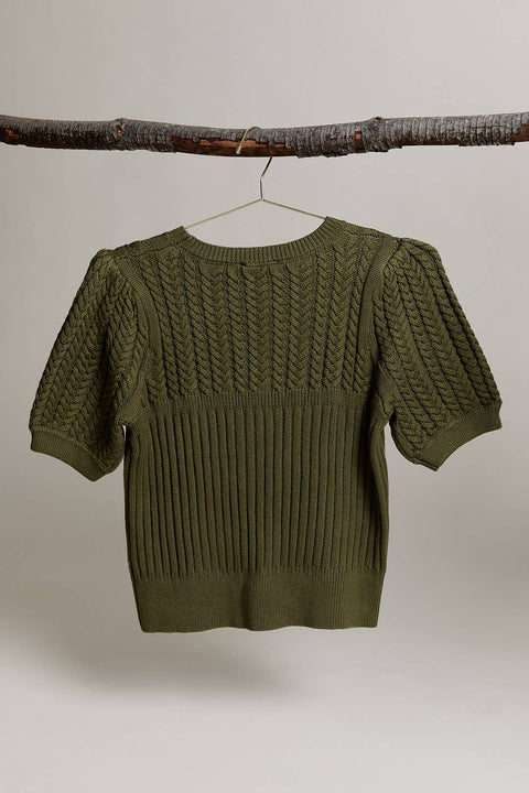 Short Sleeve Cable Knit Sweater: Olive