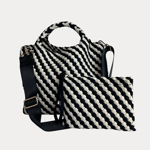 AHDORNED-Lily Woven Neoprene Tote with Pouch: NAVY/ECRU-Pink Dot Styles