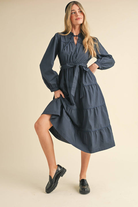 &MERCI-Navy Contrast Binding Midi Dress-Pink Dot Styles