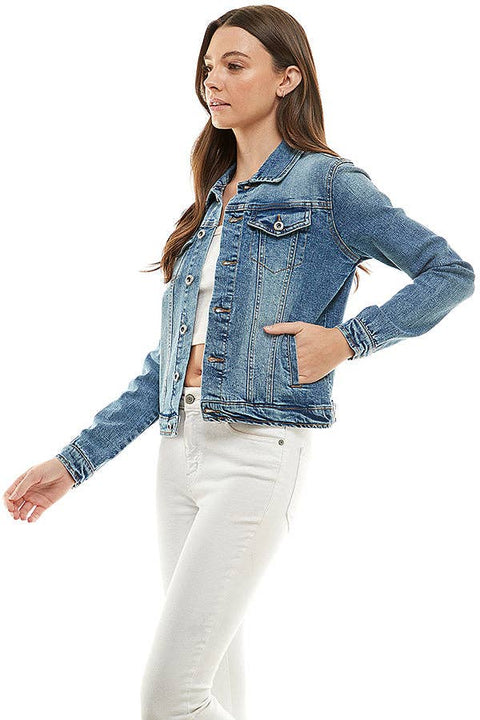 BLUE AGE-Medium Wash Casual Denim Jacket-Pink Dot Styles