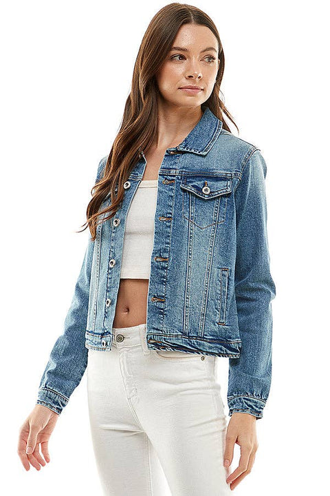 BLUE AGE-Medium Wash Casual Denim Jacket-Pink Dot Styles