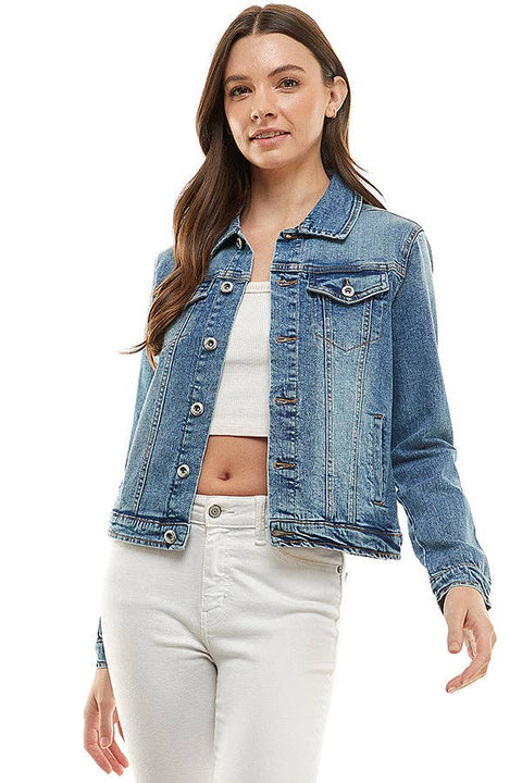 BLUE AGE-Medium Wash Casual Denim Jacket-Pink Dot Styles