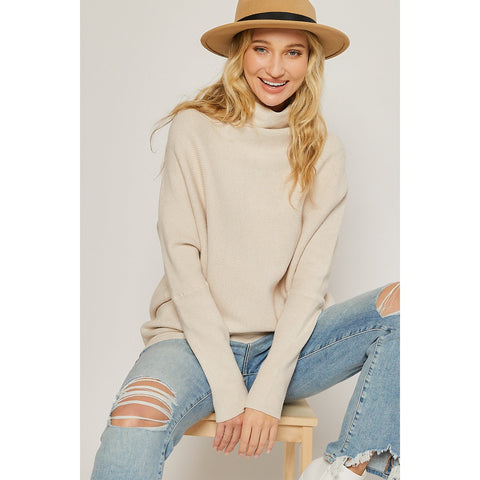 Bluivy-Slouch Neck Pullover Sweater: Shell-Pink Dot Styles