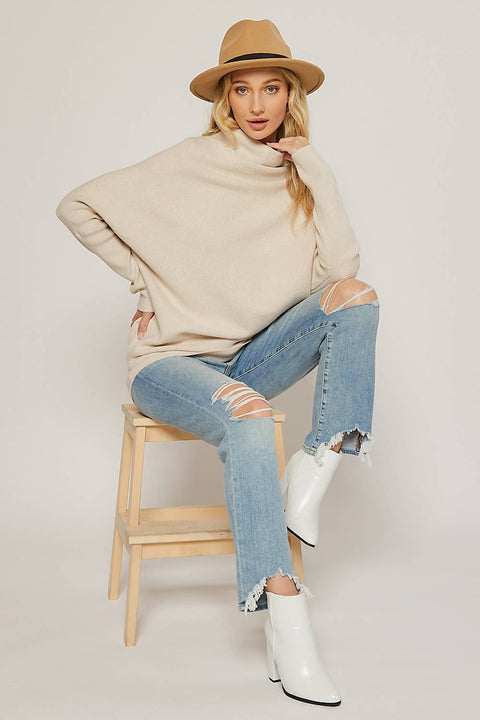 Bluivy-Slouch Neck Pullover Sweater: Shell-Pink Dot Styles