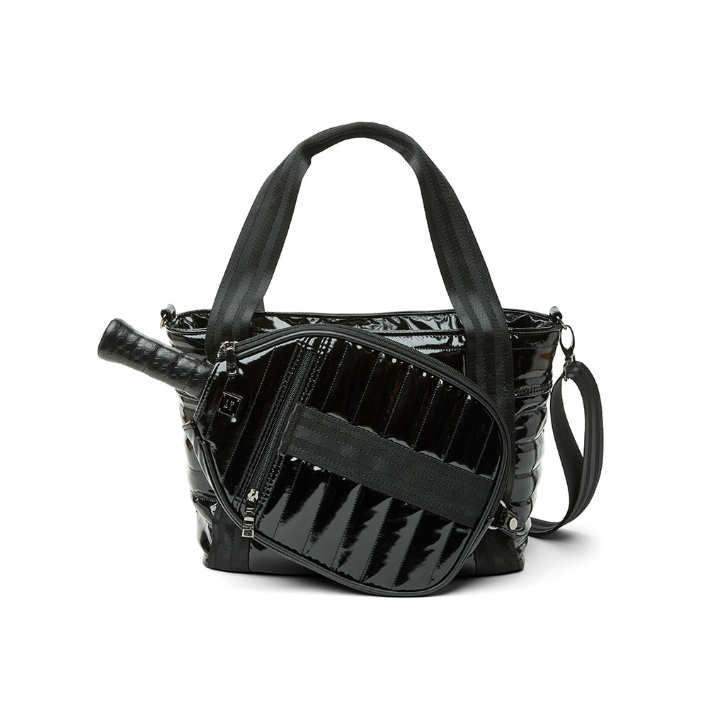 black leather backpack with pink white and burgundy stripes Ace of the Court Pickleball Bag