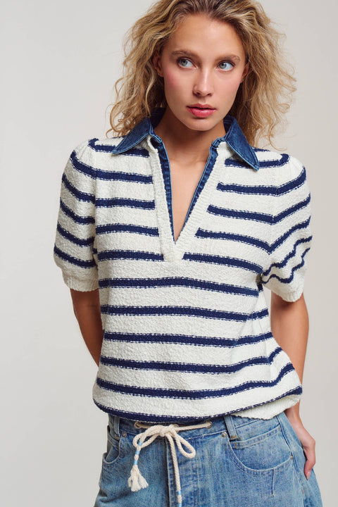 Denim Collar Striped Textured Knit Polo