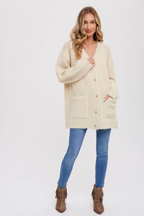 Bluivy-Silver Button Boucle Cardigan: Oatmeal-Pink Dot Styles