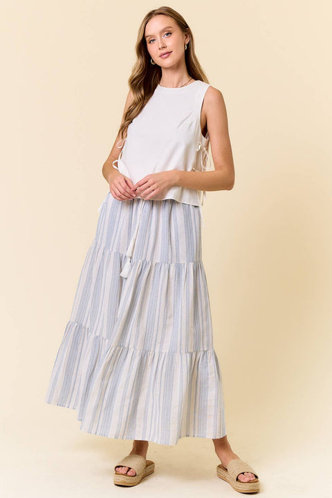 Doe and Rae-Striped Tiered Maxi Skirt: Blue and White-Pink Dot Styles