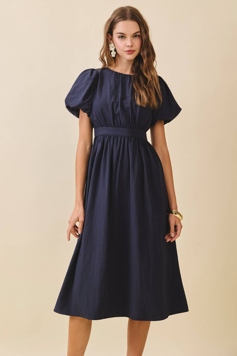 Navy Puff Sleeve Midi Dress