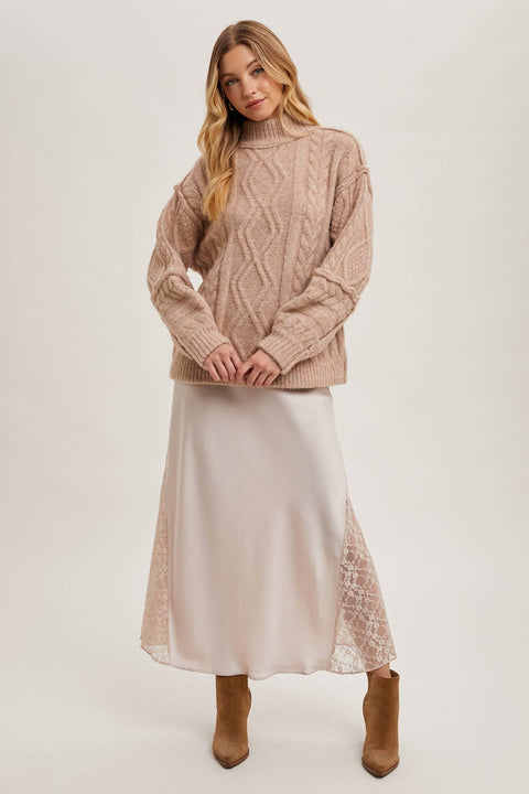 Turtleneck Cable Knit Sweater: Latte