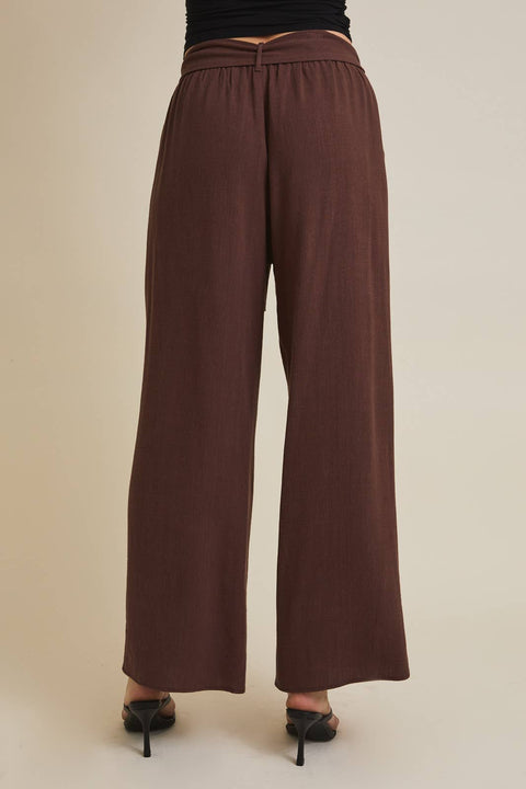 GILLI-WAIST TIE WIDE LEG PANTS: CHOCOLATE / L-Pink Dot Styles