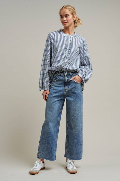 Navy Windowpane Check Ruffle Placket Cotton Blouse