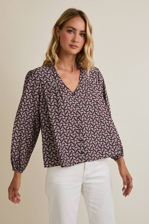 GILLI-NOTCH NECK PUFF LONG SLEEVE BUTTON UP ABSTRACT TOP: BROWN-IVORY ABSTRACT / L-Pink Dot Styles