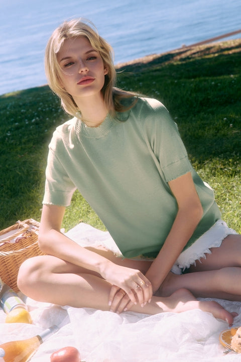 Oddi-Distressed Light Weight Knit Top: Pistachio-Pink Dot Styles