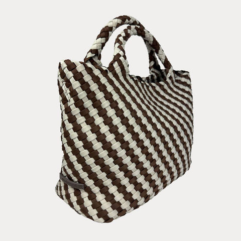 AHDORNED-Lily Woven Neoprene Tote with Pouch: NAVY/ECRU-Pink Dot Styles
