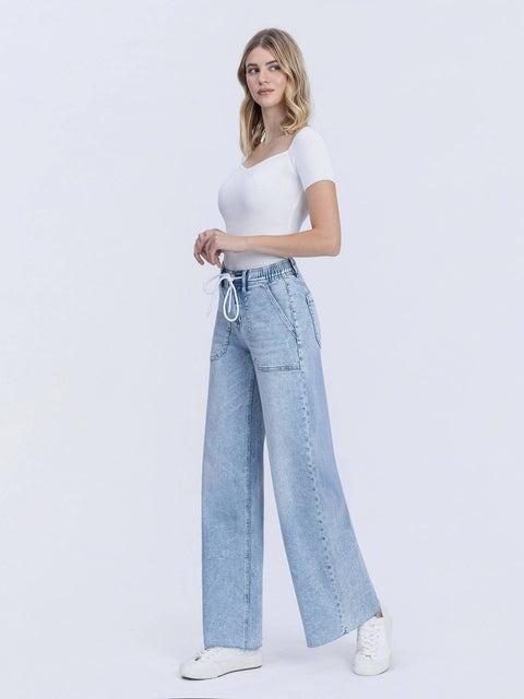 FLYING MONKEY-Wide Leg Drawstring Jeans-Pink Dot Styles