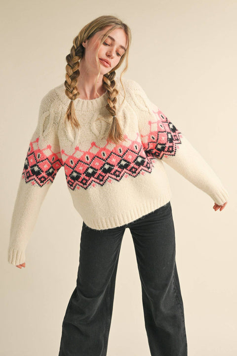 Fair Isle Sweater: Ivory & Pink
