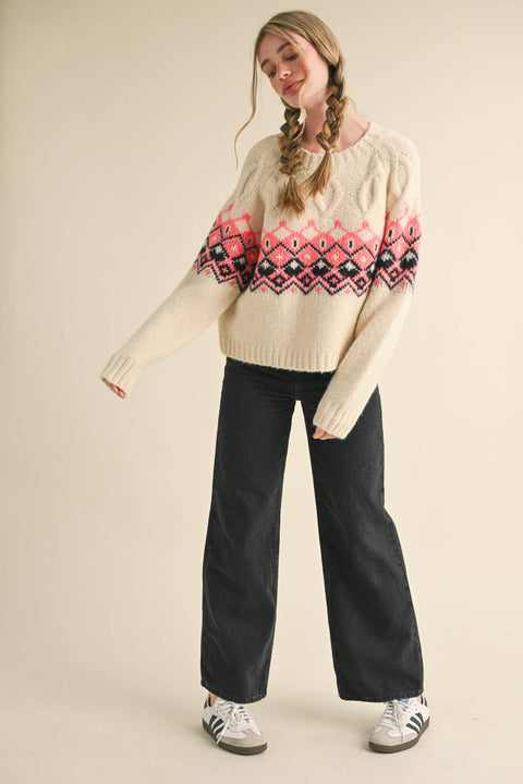 Fair Isle Sweater: Ivory & Pink