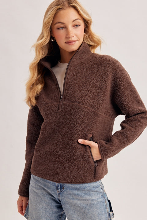 Sherpa Fleece Half Zip Pullover-Chocolate Brown