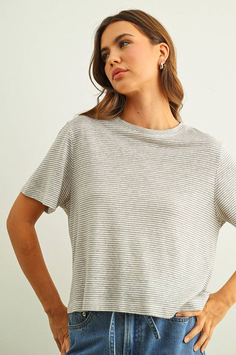 MIOU MUSE-Gray Stripe Slub Tee-Pink Dot Styles
