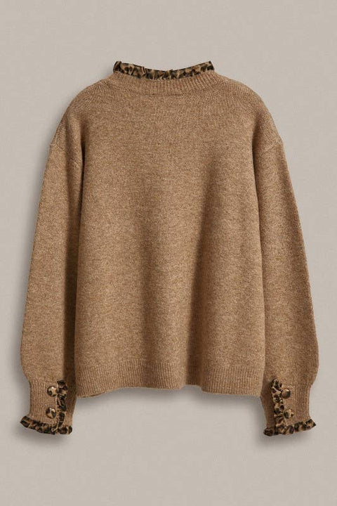 Leopard Ruffle Trim Knit Cardigan: Camel