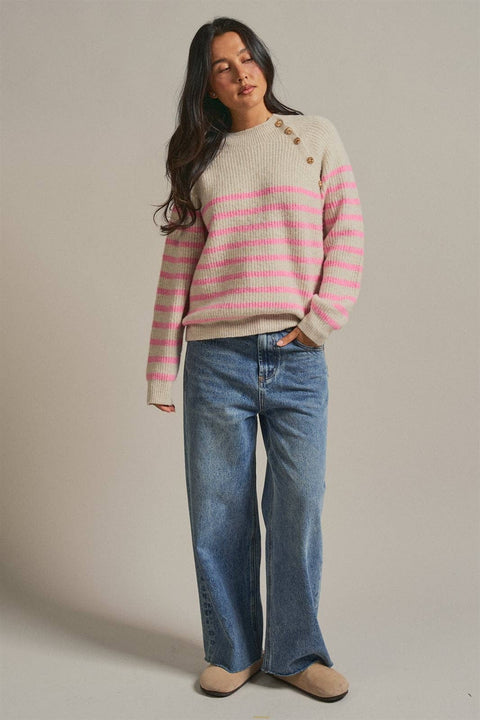 Striped Mock Neck Sweater with Gold Buttons: Pink Beige