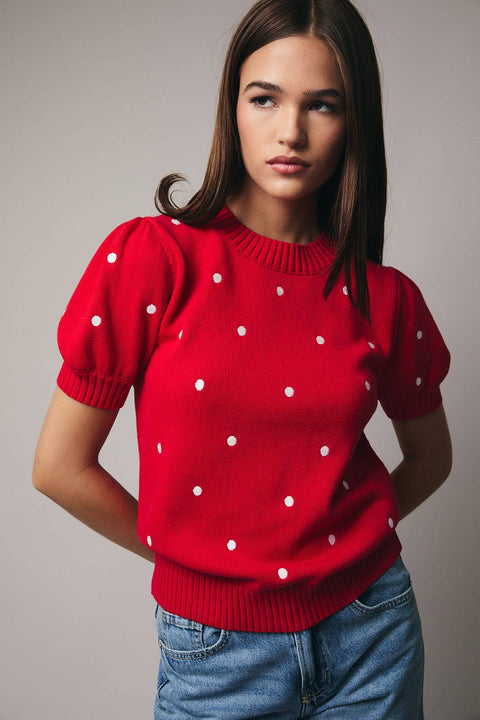 Sunday Edition by LE LIS-ROUND NECK PUFF SHORT SLEEVE "POLKA DOT" EMBROIDERED SWEATER: RED-IVORY DOT / L-Pink Dot Styles