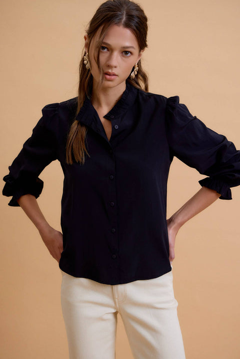 Black Ruffle Mandarin Collar Blouse