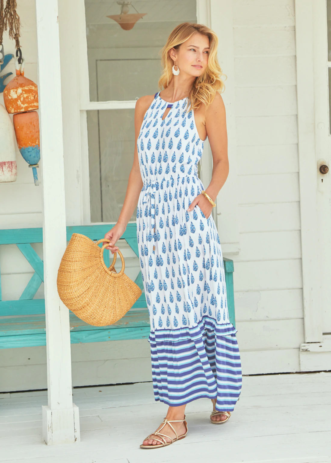 Cabana Life Dresses | Cabana Life Delray Coverluxe Pockets Tie Waist Maxi Dress Blue Size Large | Color: Blue/White | Size: L
