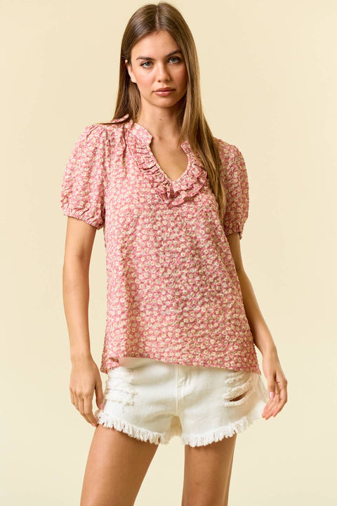 Doe and Rae-Coral Floral Short Sleeve Blouse-Pink Dot Styles