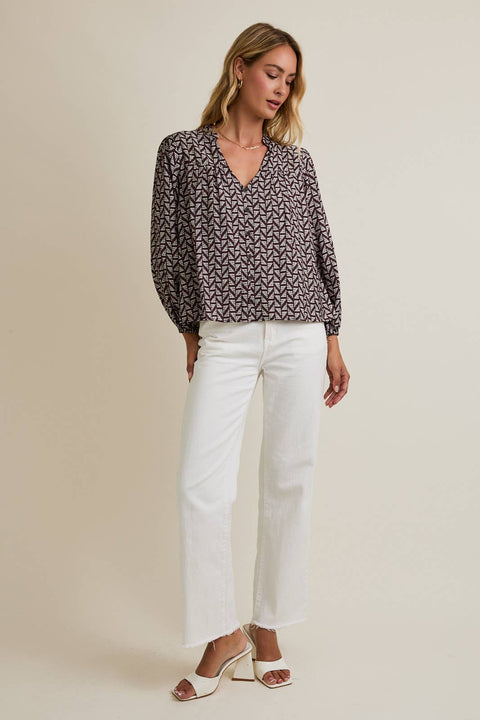 GILLI-NOTCH NECK PUFF LONG SLEEVE BUTTON UP ABSTRACT TOP: BROWN-IVORY ABSTRACT / L-Pink Dot Styles
