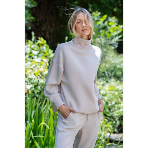 Rae Mode-Modal Scuba Mock Neck Pullover: Mocha Cream-Pink Dot Styles