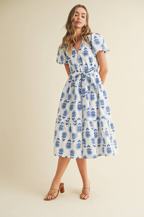 Floral Puff Sleeve Midi Dress