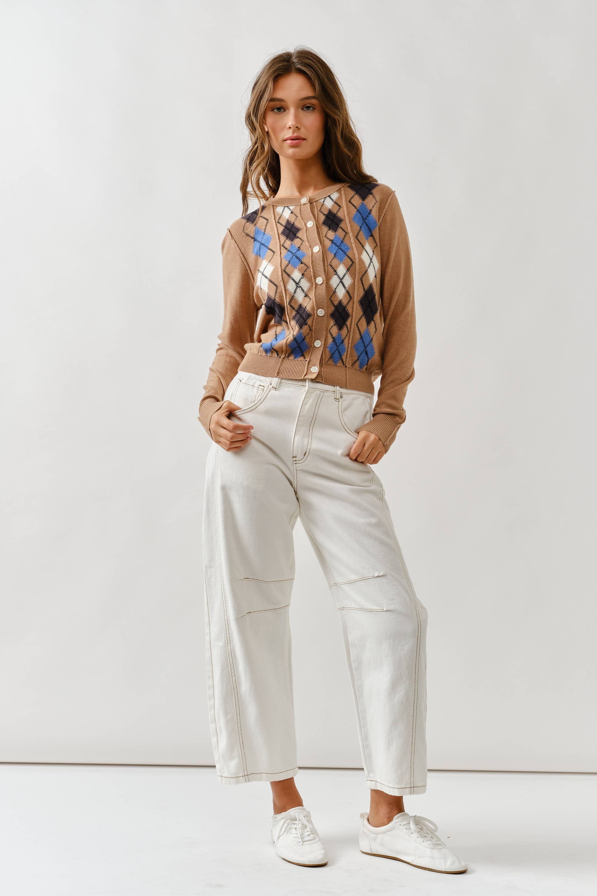 Argyle Relaxed Sweater: Taupe (Final Sale)– Pink Dot Styles