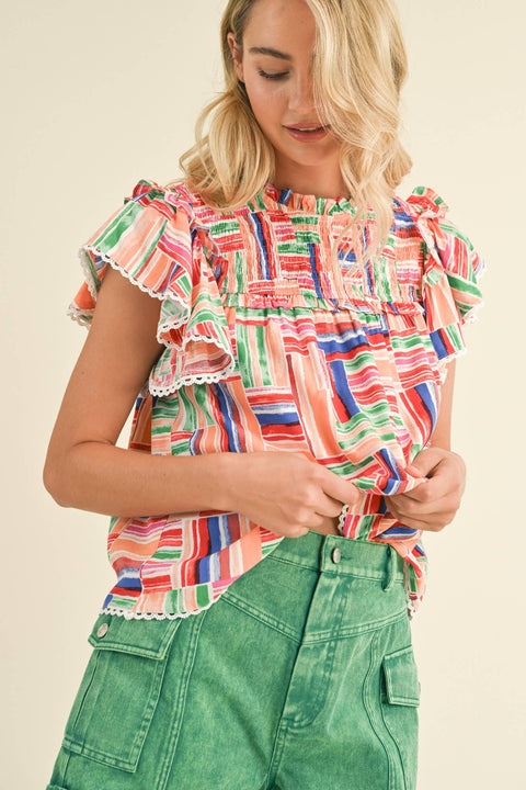 &MERCI-Multi Color Smocked Ruffle Trim Top-Pink Dot Styles