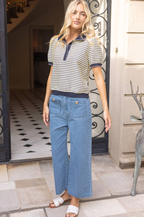 VOY-Striped Collared Knit Top-Pink Dot Styles