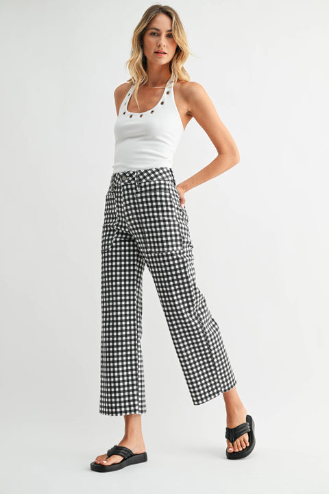 JUST BLACK DENIM-High Rise Utility Wide Leg- Black Gingham-Pink Dot Styles