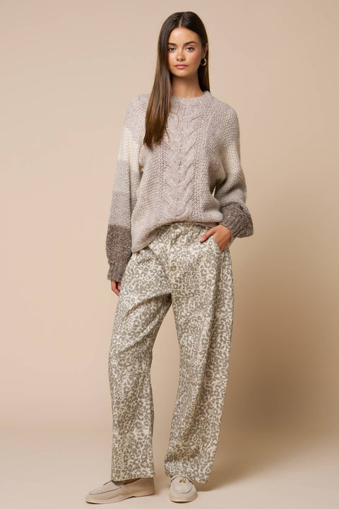 Lalavon-Color Block Cable Knit Sweater: TAUPE / M-Pink Dot Styles