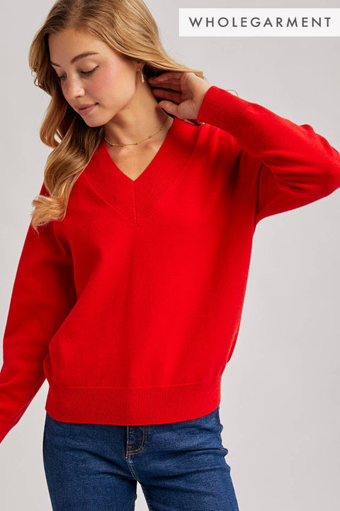 Ribbed V-Neck Knit Sweater: Ruby Red