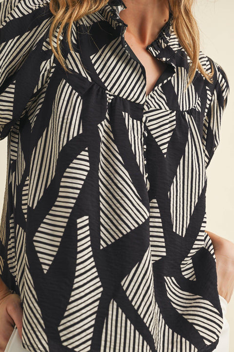 Geometric Stripes Print Puff Sleeve Blouse: Black