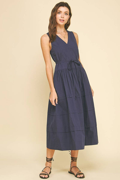PINCH-Navy Poplin Midi Dress-Pink Dot Styles