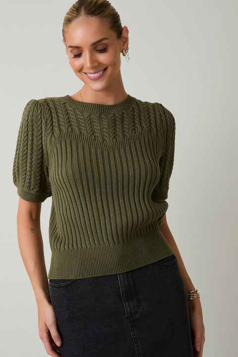 Short Sleeve Cable Knit Sweater: Olive