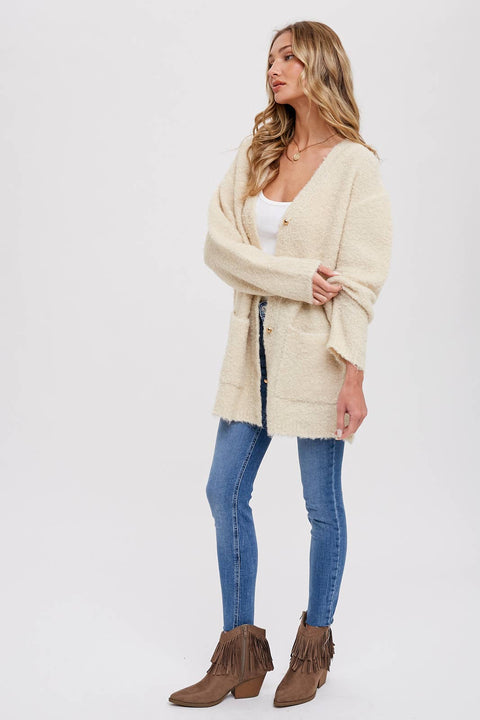 Bluivy-Silver Button Boucle Cardigan: Oatmeal-Pink Dot Styles