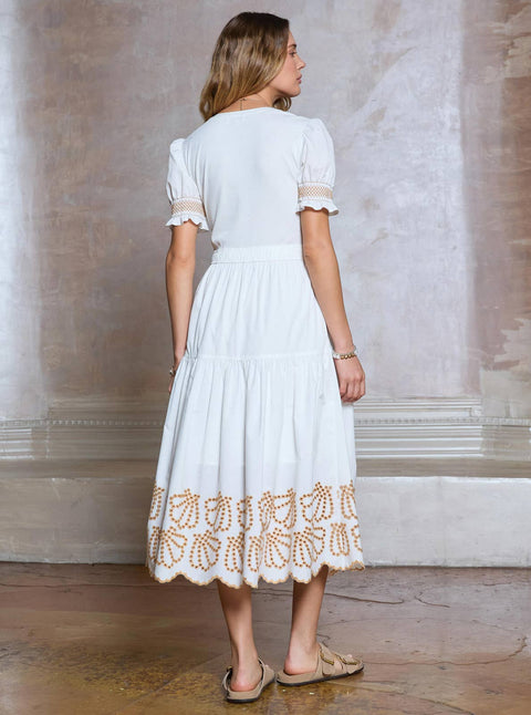 Embroidered Mix Media Midi Dress: White