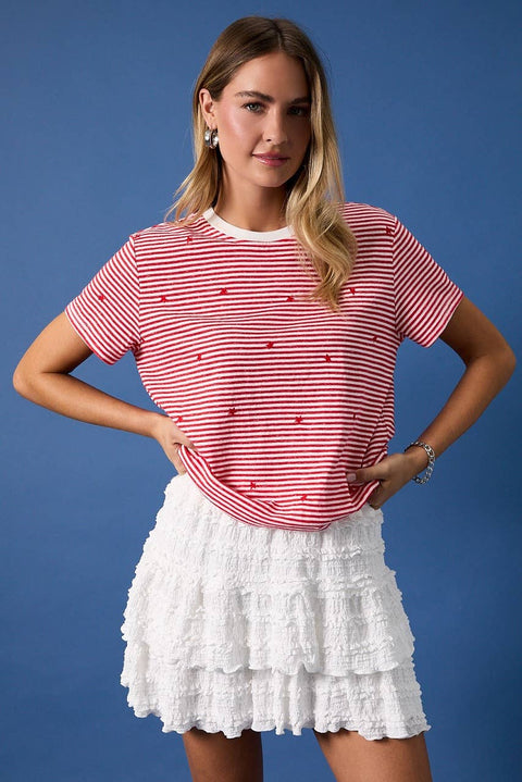 Sunday Edition-Red & White Stripe Tee with Red Stars-Pink Dot Styles